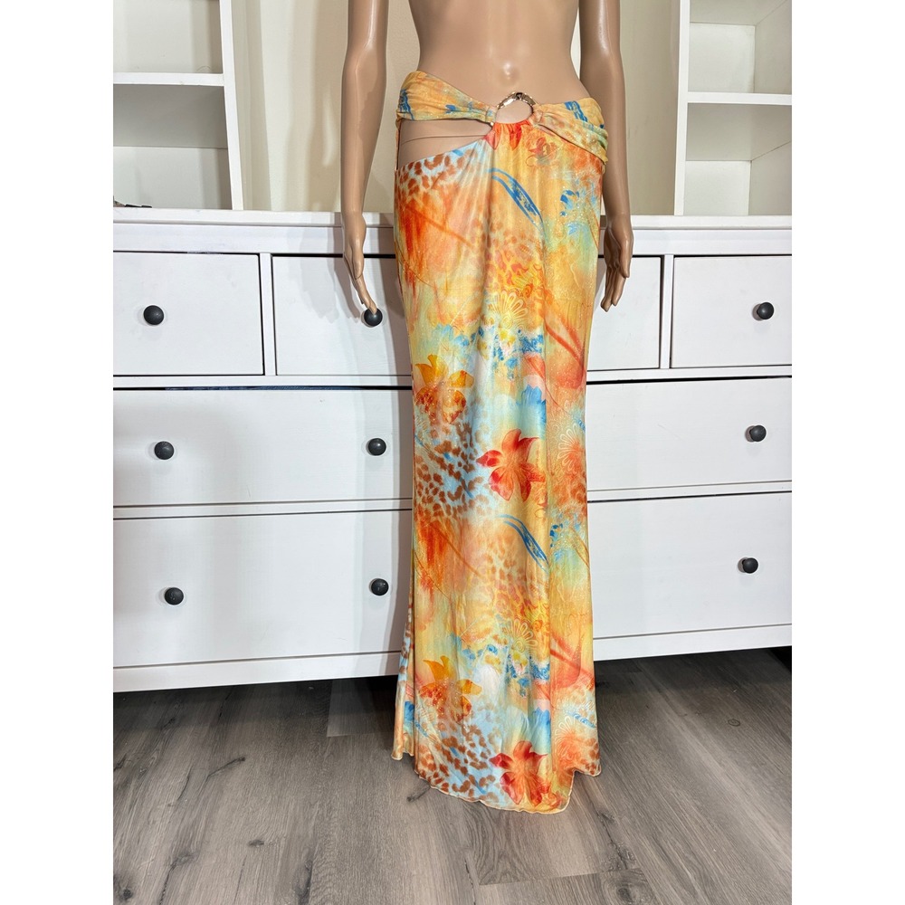 Outcast Sionan Maxi Skirt Womens L Teal Malta Tropical Floral Cutout Ring Mesh